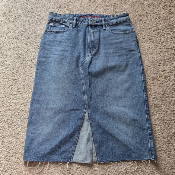 Lucky Brand Dresses & Skirts - NWOT Lucky Brand Denim Midi Skirt Size 10 Blue Jean Skirt Front Slit Raw Hem Y2K